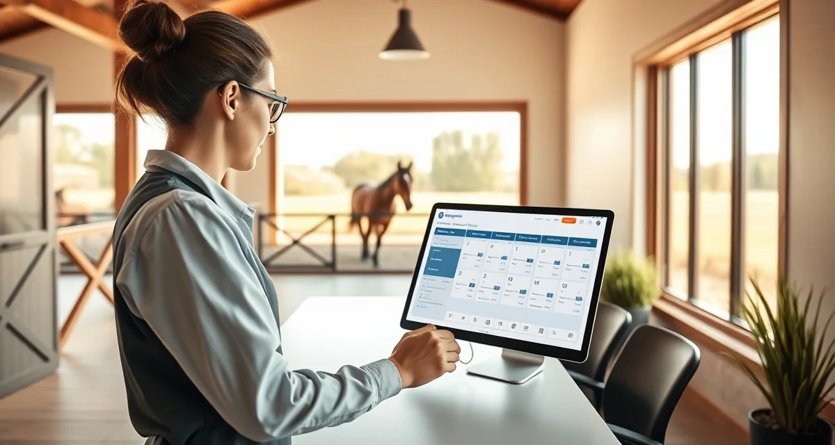 Barn staff member using user-friendly horse boarding software on tablet to manage feeding logs and boarding records efficiently.