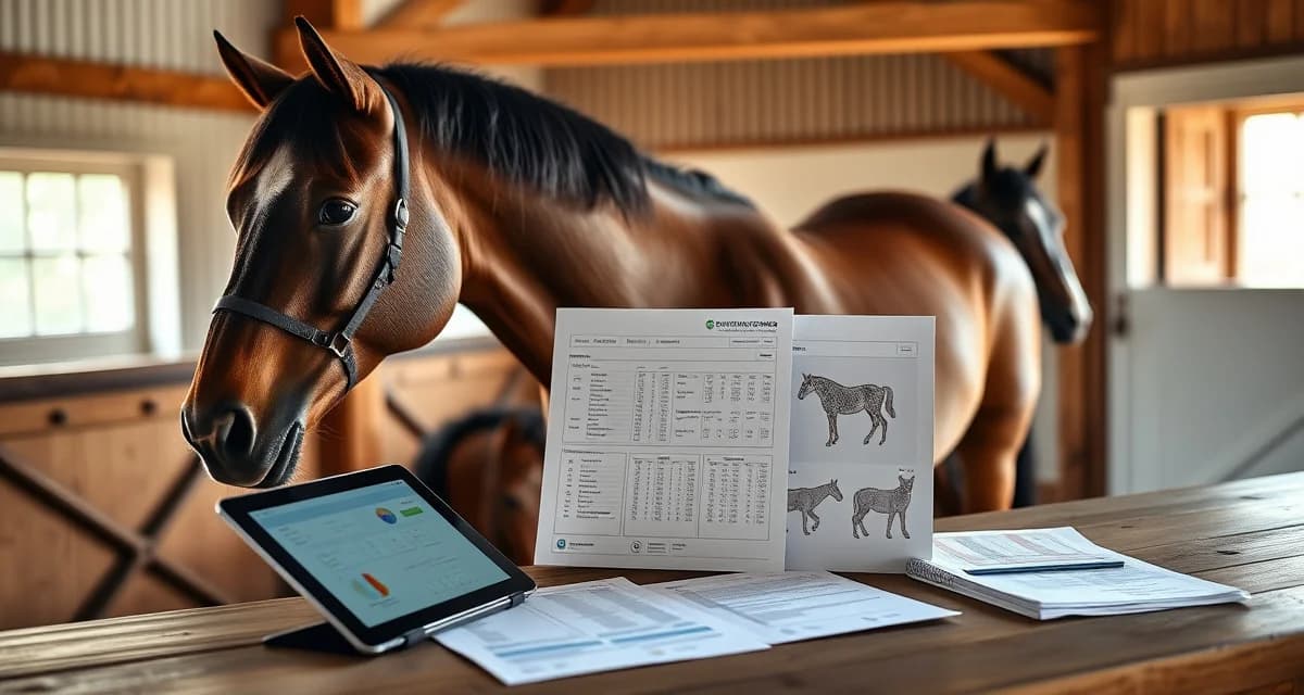 Professional breeding records documentation for horse mares and foals with pedigree charts and digital management system