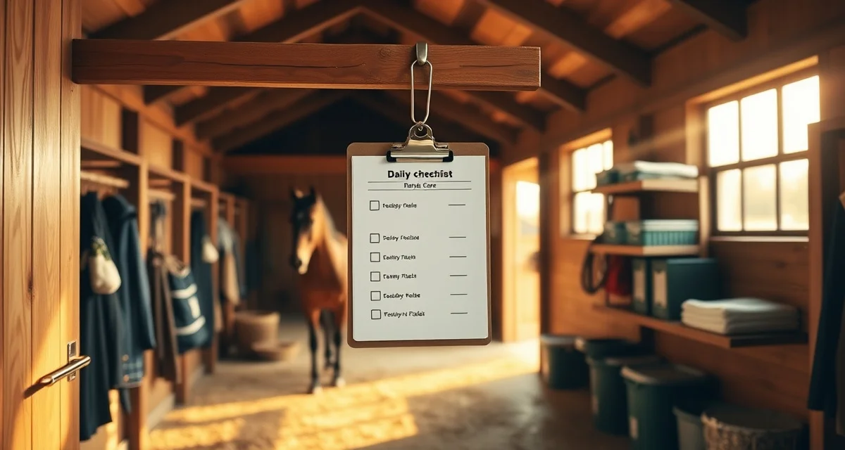 Horse care checklist template clipboard displayed in organized barn stable with daily task management items