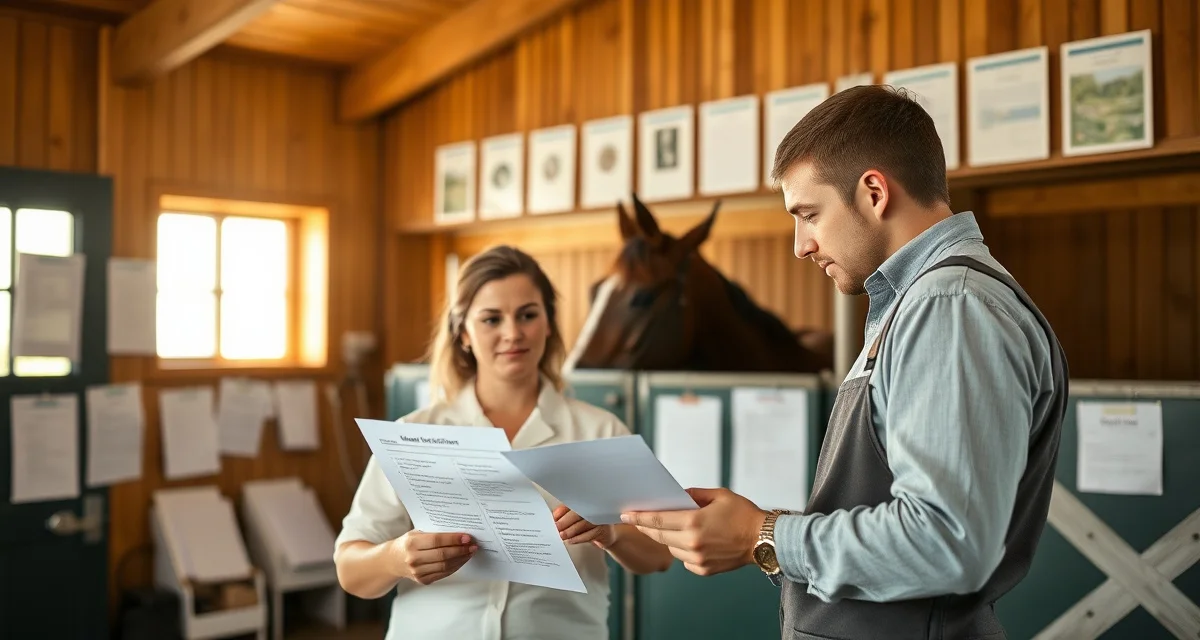 Stable manager and groom reviewing horse care instruction cards in a professional barn office environment with organized documentation systems