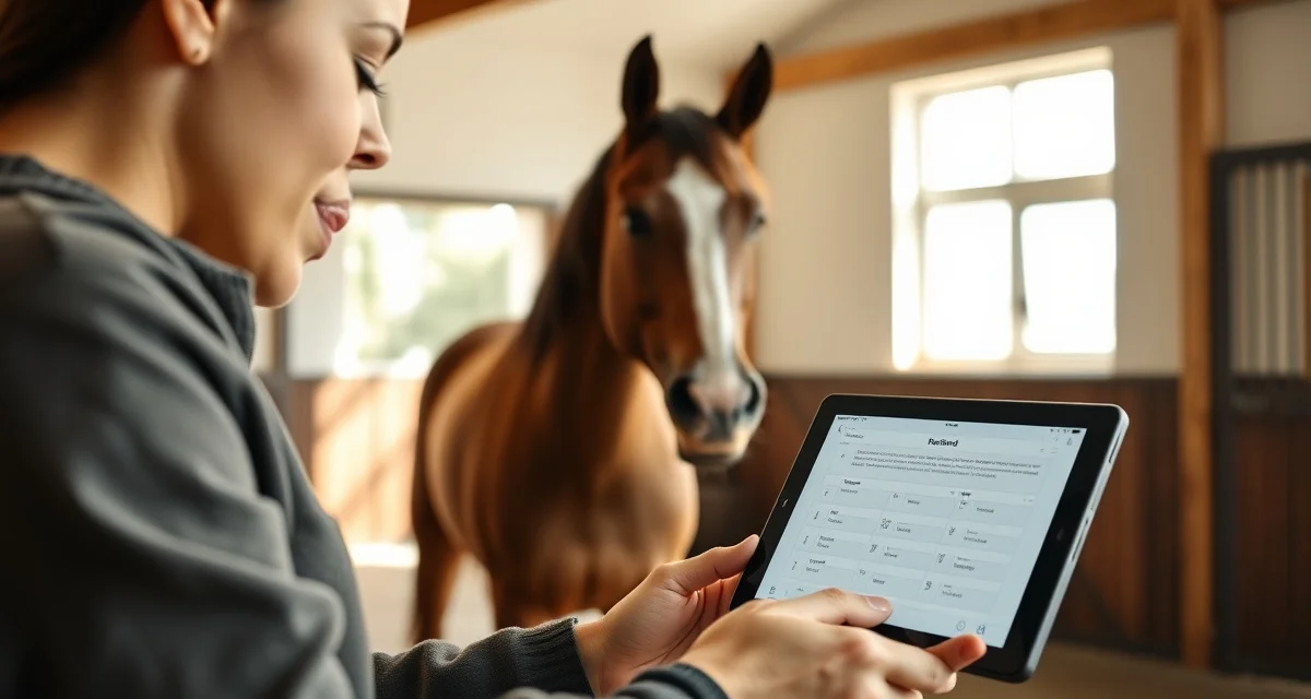 Digital horse care records management interface displayed on tablet in modern barn office with organized health documentation