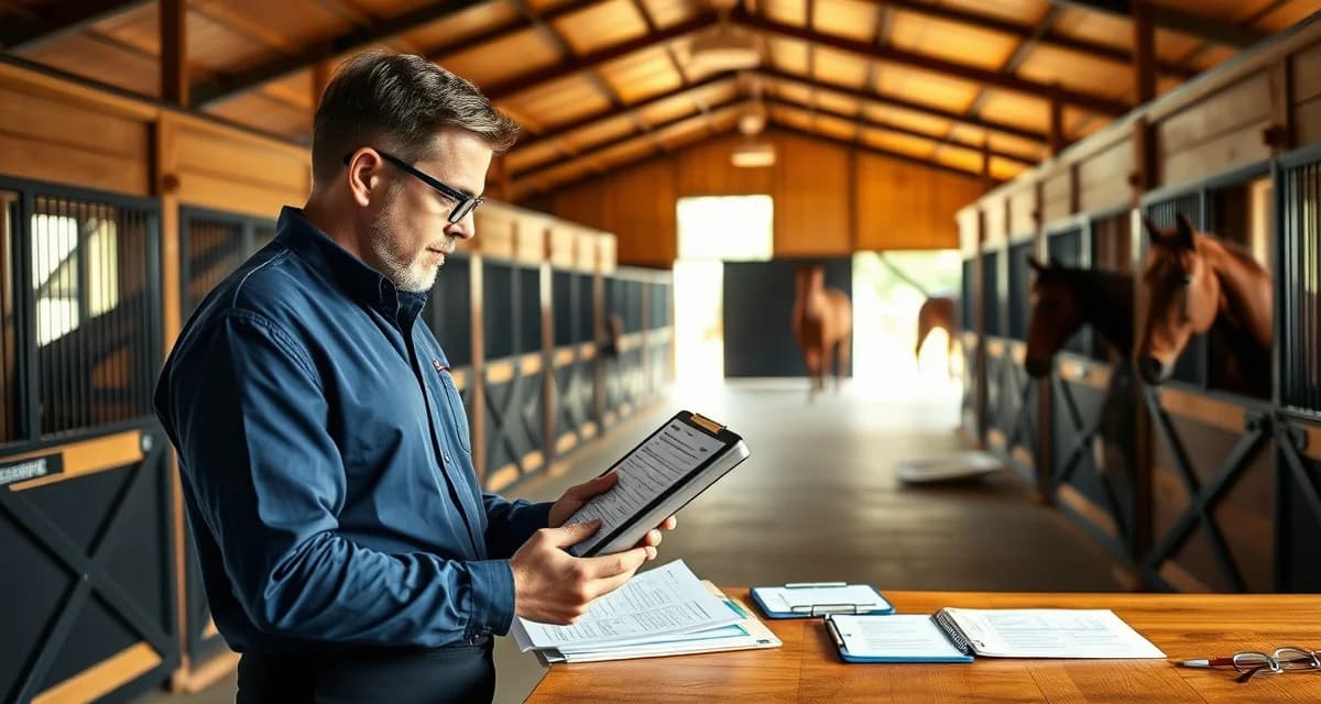 Barn manager reviewing digital daily care records for horses on tablet in organized equestrian facility with healthy horses in background.
