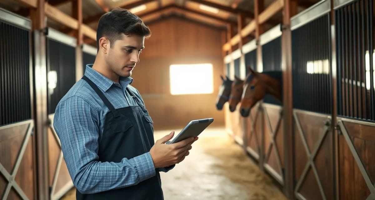 Barn manager reviewing horse deworming schedule tracker on digital device in organized stable management system