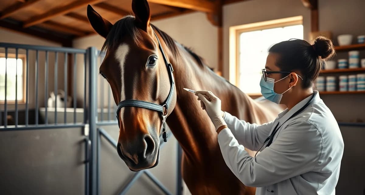 Veterinarian administering deworming treatment to horse in organized barn with medical records visible