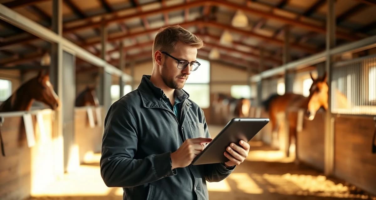Farm manager reviewing individual horse feeding and care schedules on digital tablet in modern barn facility with horses in background