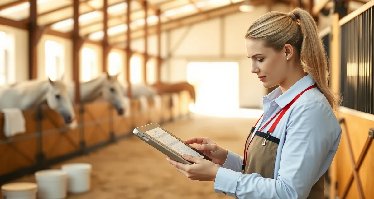 Horse feeding change log documentation system displayed on digital device in a professional barn setting with organized feed management.