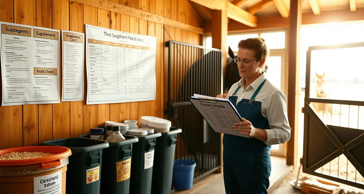 Organized horse barn feeding station showing labeled feed bins, supplements, and feeding instructions chart for managing multiple boarding horses.