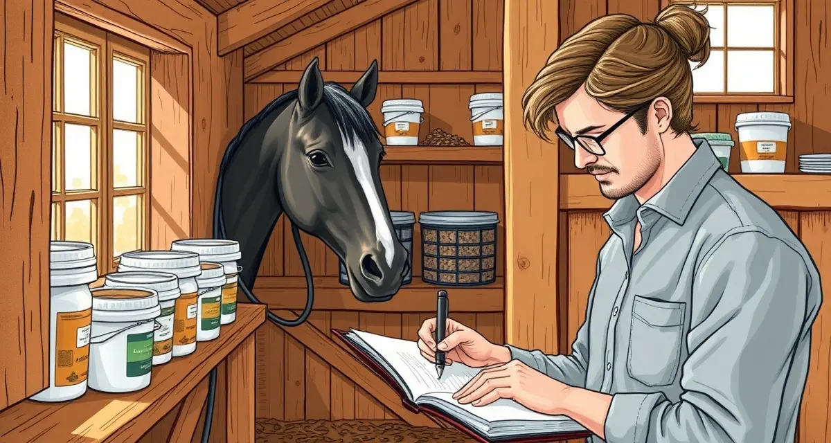 Horse owner documenting individual feeding program with feed buckets and supplements in barn setting
