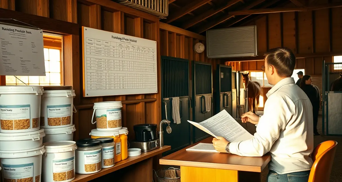 Organized horse feeding management system in training barn with labeled buckets, supplements, and feeding schedule chart
