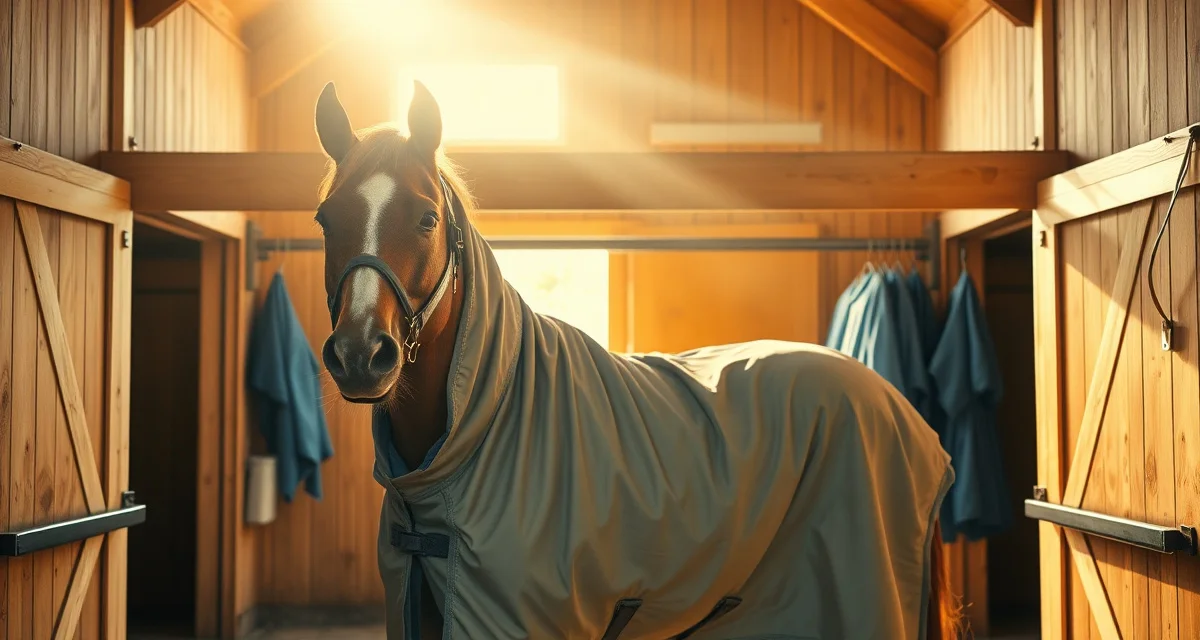 Organized horse fly sheets hanging on a barn management system rack for summer rotation scheduling