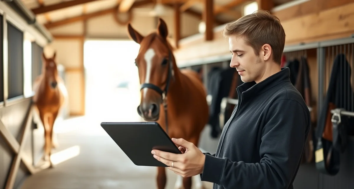 Barn manager sending horse health alert notification to owner via digital platform on tablet device