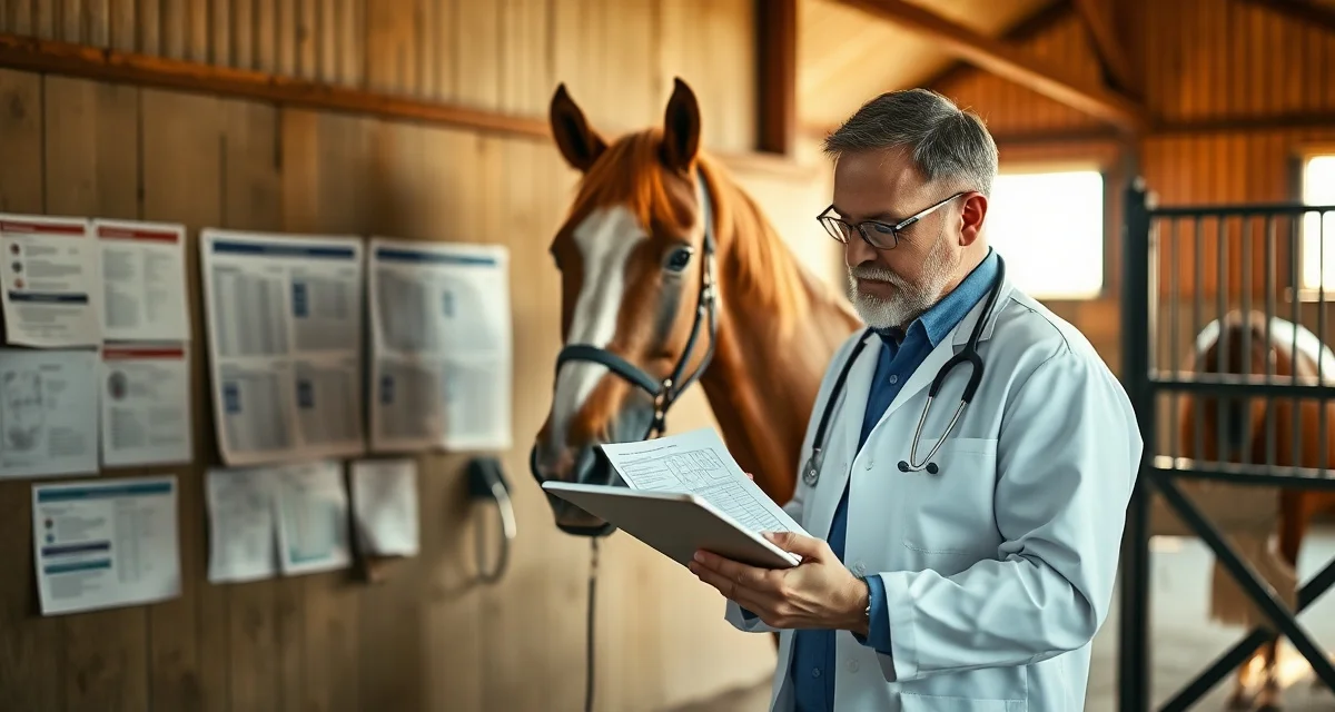Veterinarian reviewing horse health event documentation records on tablet in stable barn setting with organized medical charts.