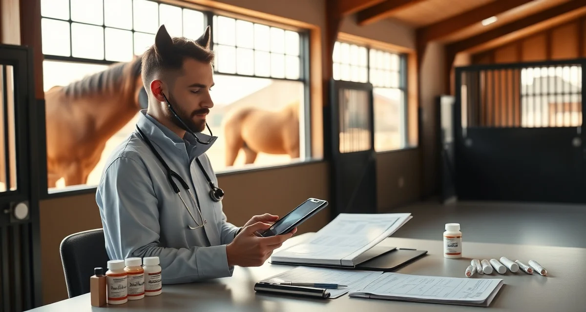 Digital health and medication tracking system for horse barn management displayed on tablet with organized records