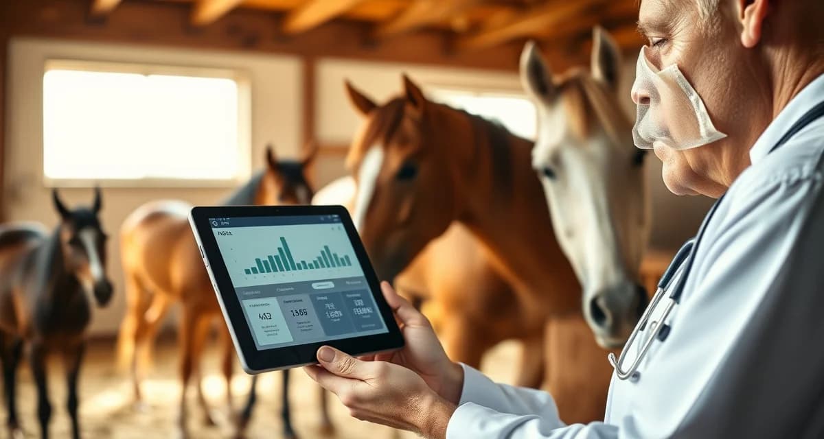 Horse health monitoring system displaying age-specific care requirements for foals through senior horses in barn management software