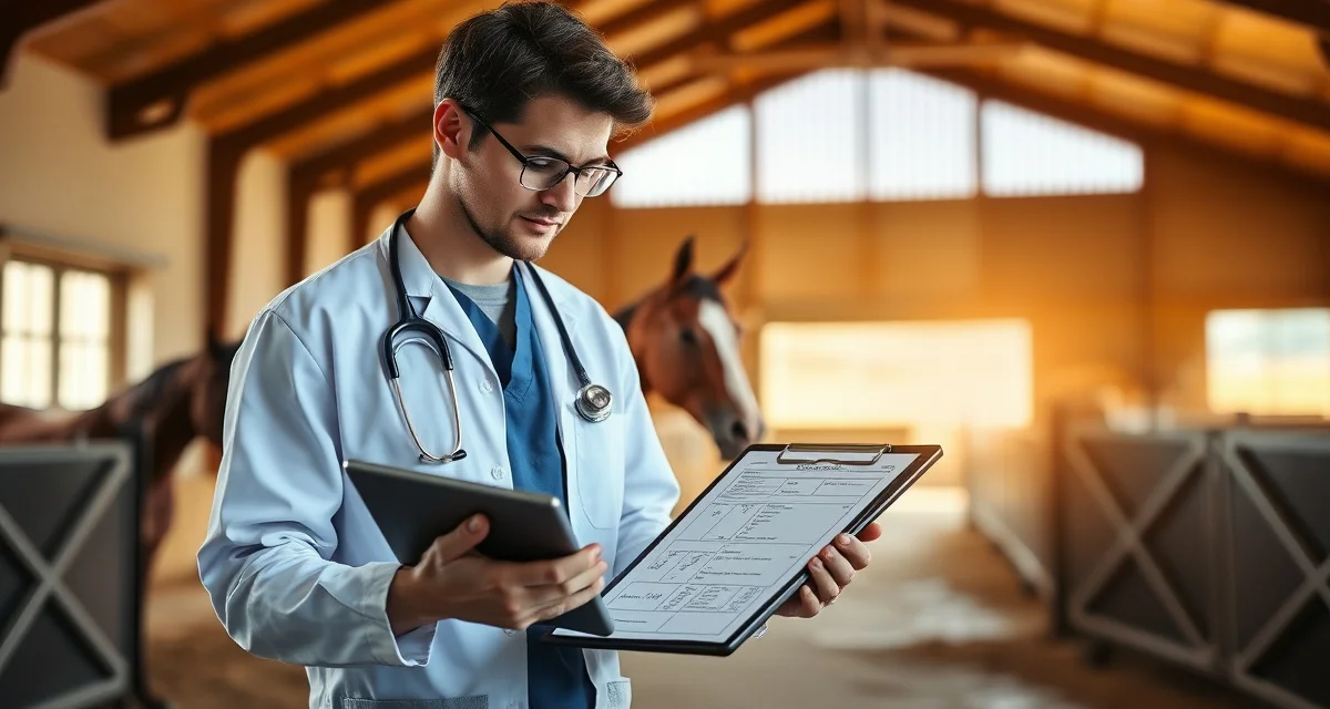 Veterinarian reviewing comprehensive horse health profile records in a professional barn setting with digital documentation