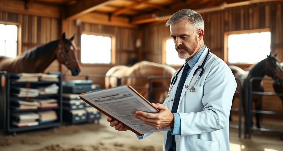 Veterinarian reviewing comprehensive horse health records in professional barn environment with organized filing system
