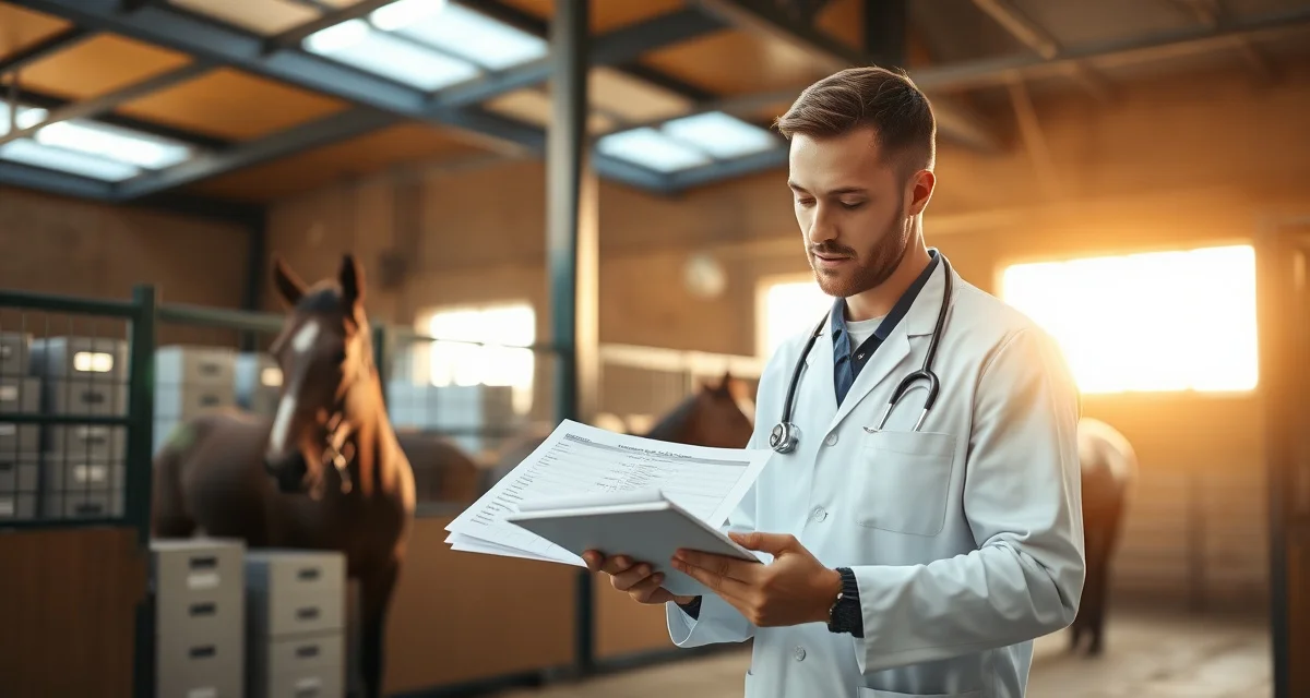 Equine veterinarian reviewing comprehensive horse health records on digital tablet in organized barn facility