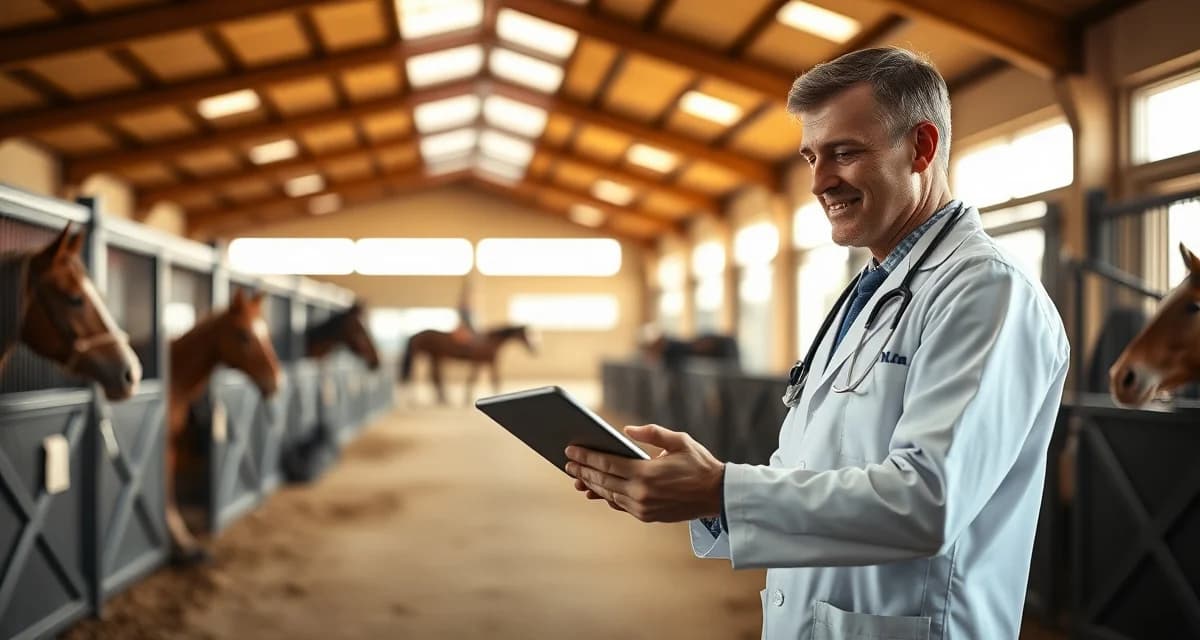 Equine veterinarian reviewing health incident records for horses in a modern barn management system on digital tablet