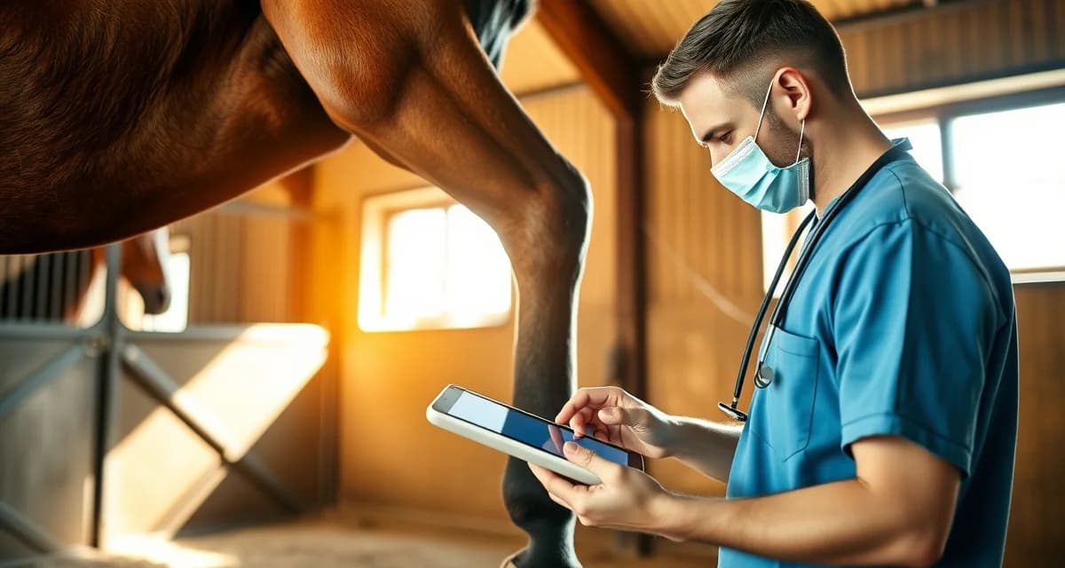 Veterinarian documenting horse lameness observations digitally during barn examination for accurate health tracking