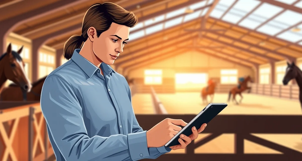 Horse barn manager scheduling individual lessons using lesson management software with calendar and school horse assignment features