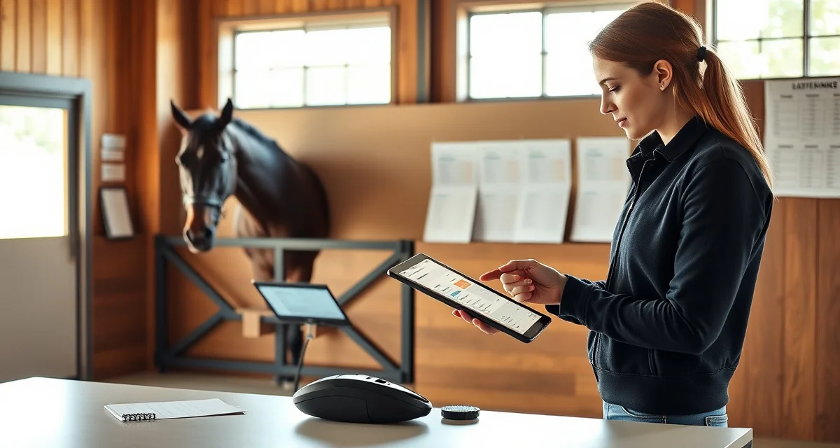 Equestrian trainer managing lesson and training billing on tablet in professional barn office setup