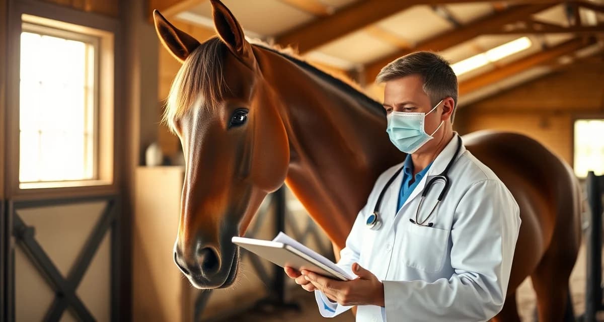 Veterinarian reviewing horse medication and health records on digital tablet in modern barn management system