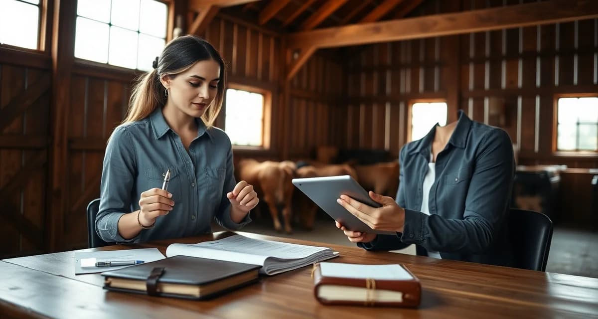 Horse barn manager reviewing owner account billing statements on tablet device in professional barn office setting