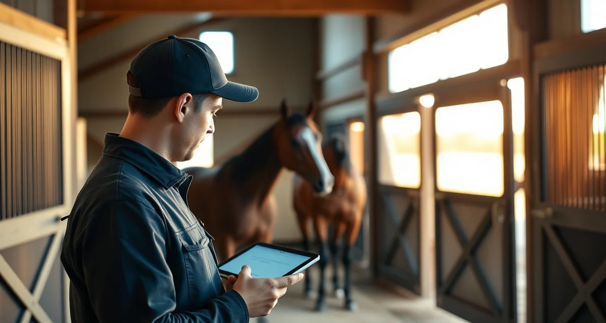 Barn manager communicating with horse owner via mobile app at boarding facility, showing effective owner communication strategy