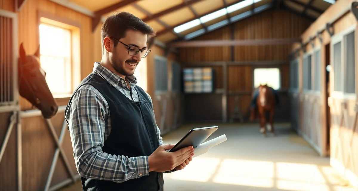 Barn manager reviewing horse owner consent documentation and boarding agreements on digital management software platform