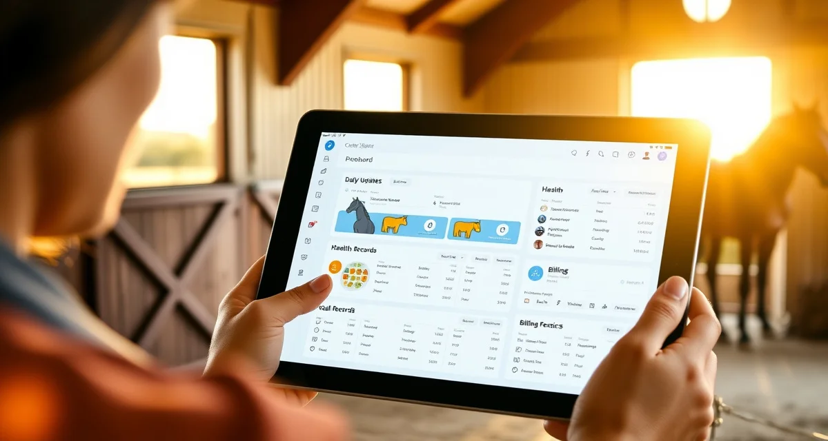 Horse owner portal dashboard displaying daily updates, health records, photos, and billing transparency features for boarders.