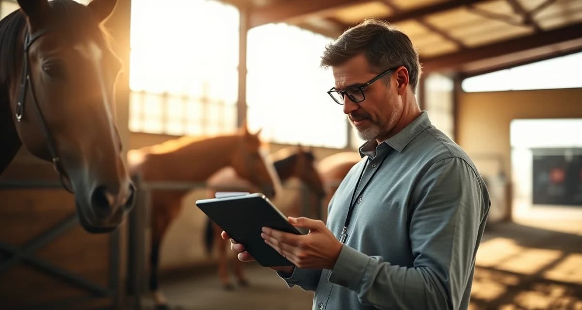 Horse owner using a digital portal on tablet to access health records and billing information for their horse boarding operation.