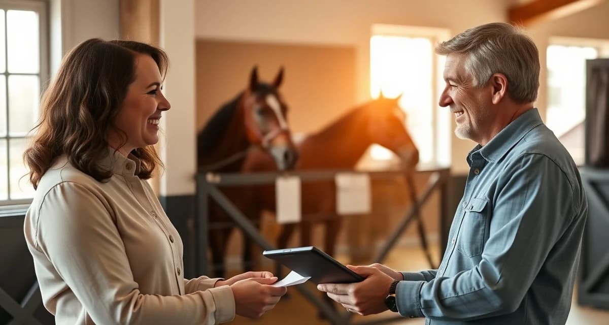 Boarding barn owner discussing horse care management with a horse owner in a professional stable office setting.