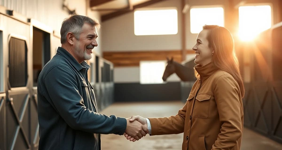 Horse owner and barn manager building trust through effective communication and relationship management in stable facility.