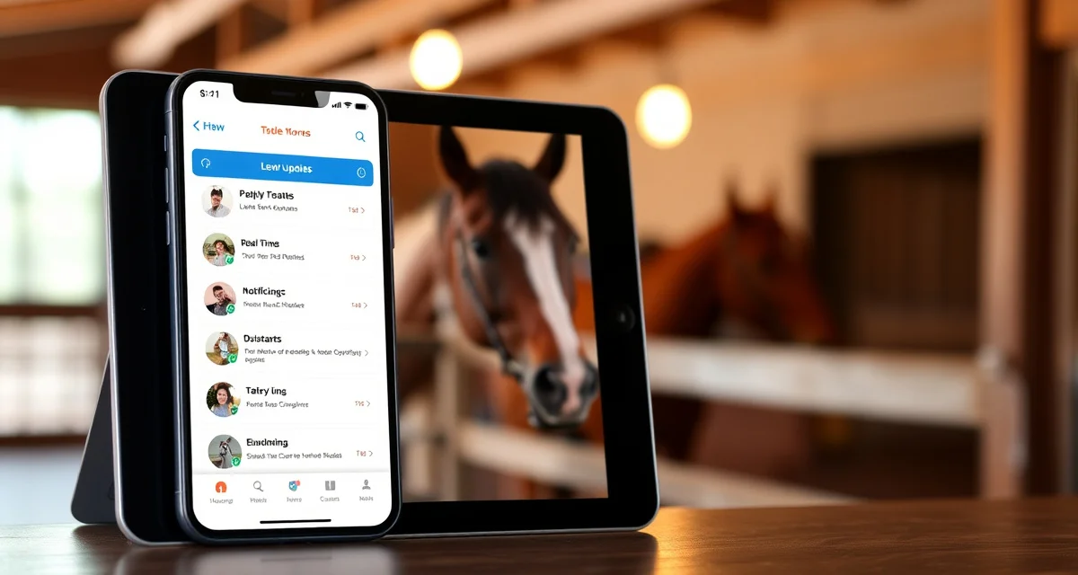 Owner update portal mobile app interface showing horse care notifications and boarding facility communication on tablet and smartphone screens.