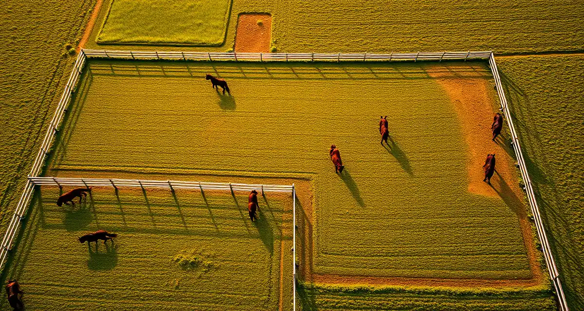 Aerial view of horse paddocks showing rotation zones with horses grazing in managed pasture areas for optimal turnout rotation