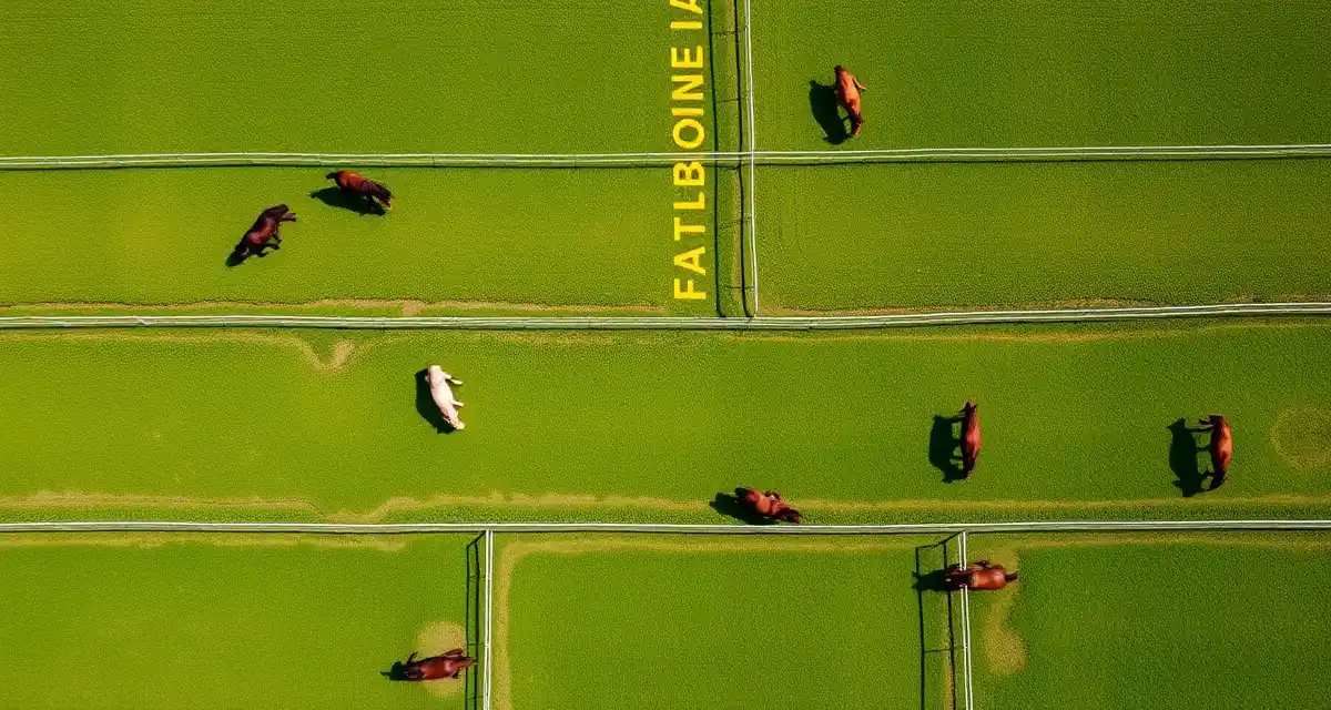 Overhead view of a horse pasture divided into sections for rotation planning with grazing horses and managed vegetation