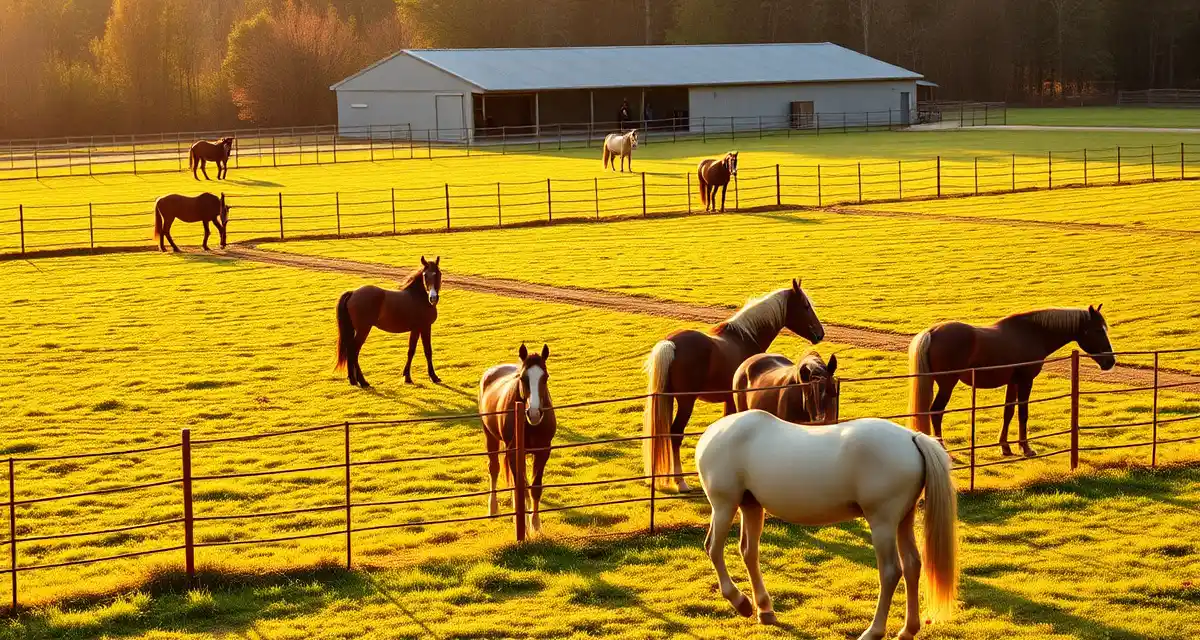 Organized horse pasture with rotational sections for effective turnout management at equine boarding facilities