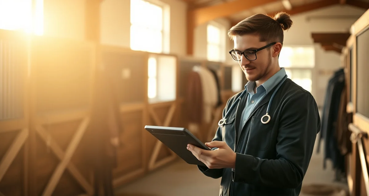 Horse service log management interface showing detailed care records and billing tracking for equine barn operations