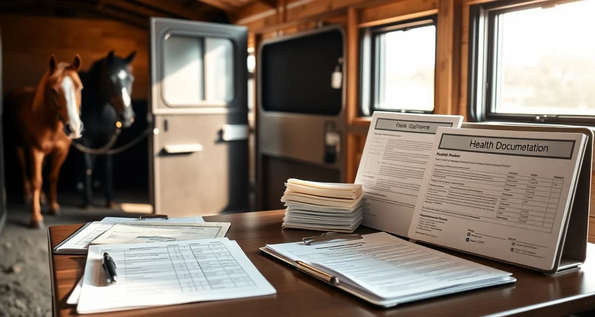 Organized horse show health documentation and veterinary certificates arranged on a barn desk before trailer departure