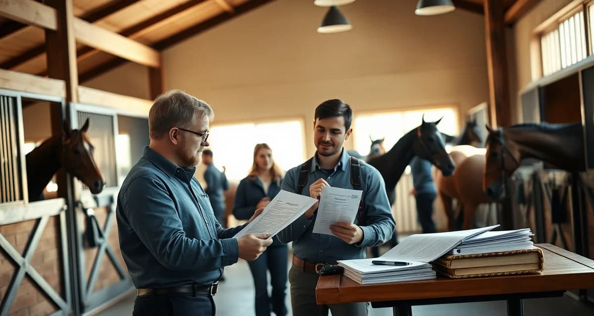 Experienced stable manager supervising staff daily horse care procedures in professional equine facility environment