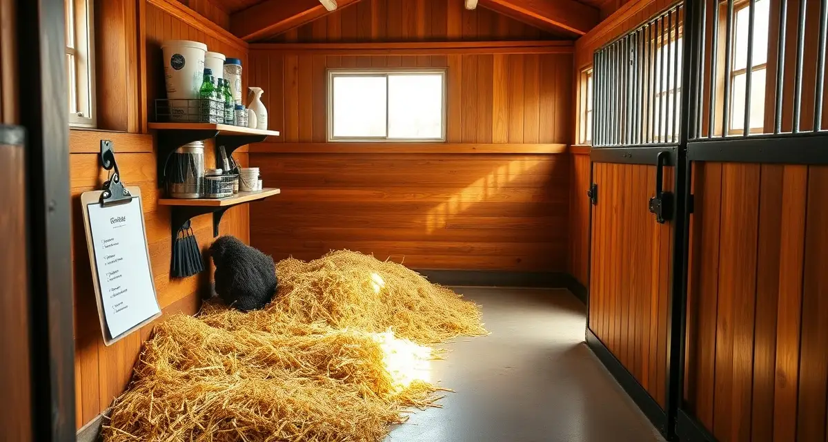Clean horse stall with fresh bedding and organized supplies demonstrating proper stall cleaning checklist standards for barn management.