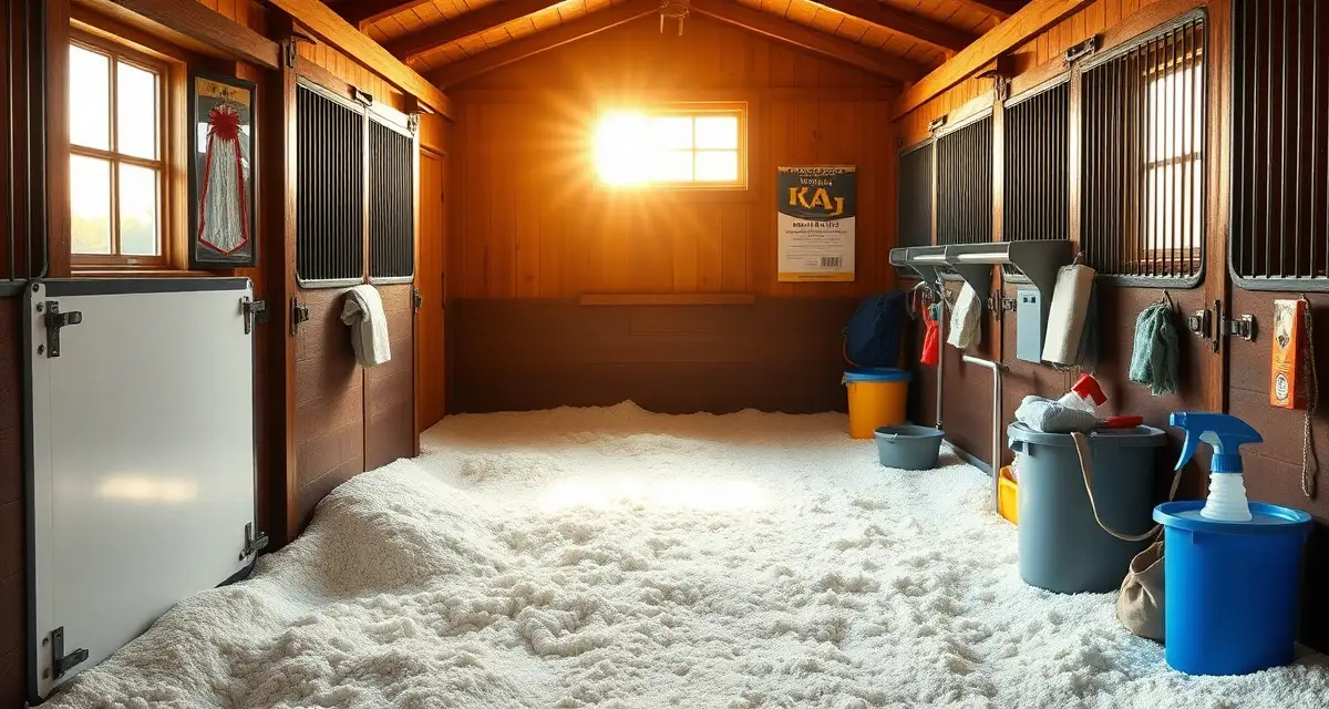 Clean horse stall with fresh bedding and organized cleaning supplies for daily stall cleaning schedule management
