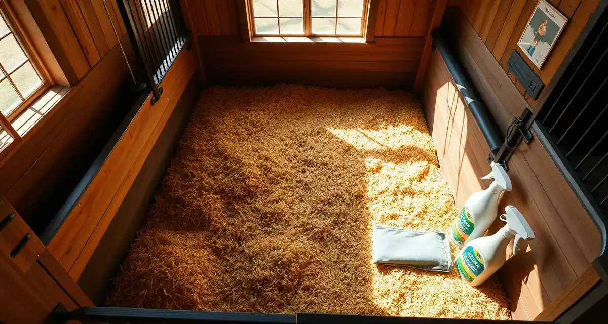 Clean horse stall with organized bedding and cleaning supplies for stall cleaning schedule management