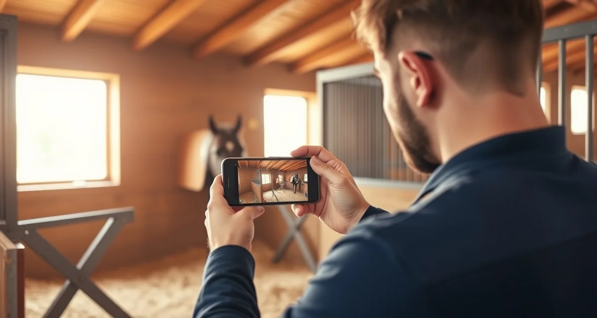 Horse barn manager documenting stall cleanliness with smartphone photo for digital inspection records and accountability tracking
