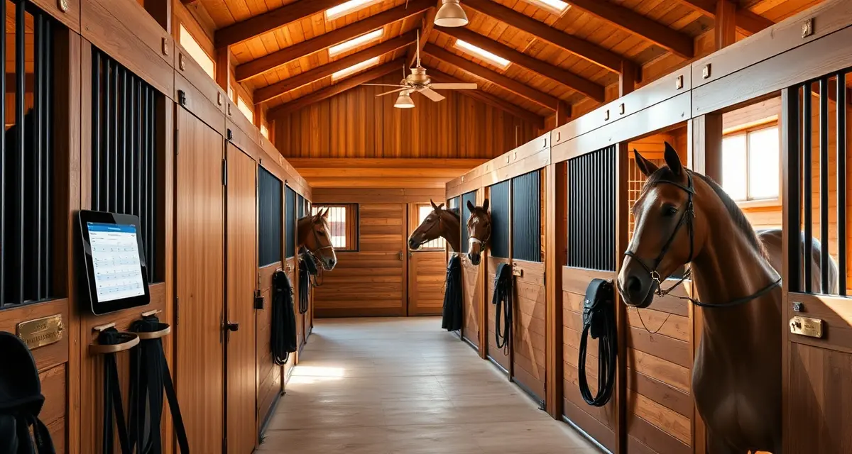 Organized horse barn stalls with digital record management system displayed on tablet for tracking horse care and assignments