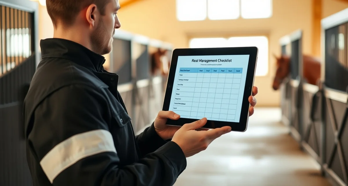 Barn manager using digital stall rest management software to track horse recovery protocols and daily care instructions on tablet