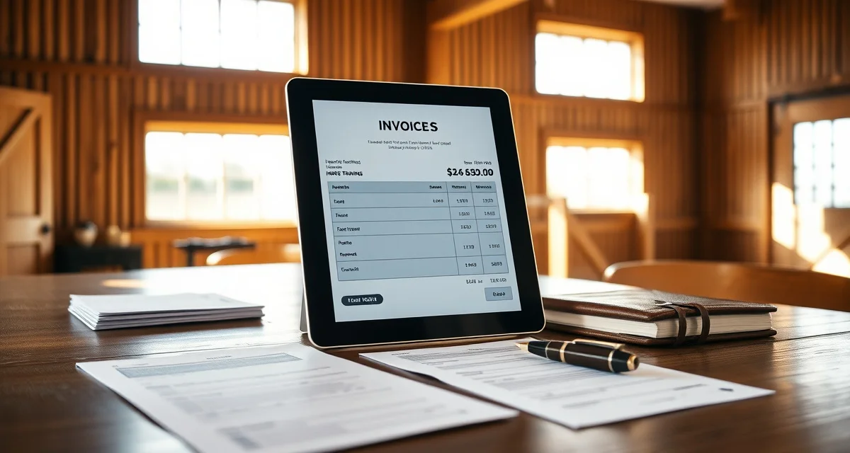 Professional horse training invoice template displayed on tablet with billing documents and pen on barn office desk