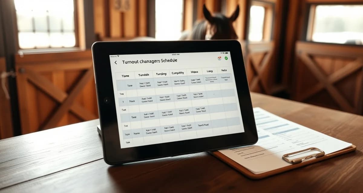 Digital turnout liability documentation system showing scheduled horse turnout times, weather conditions, and staff assignments for boarding barn management