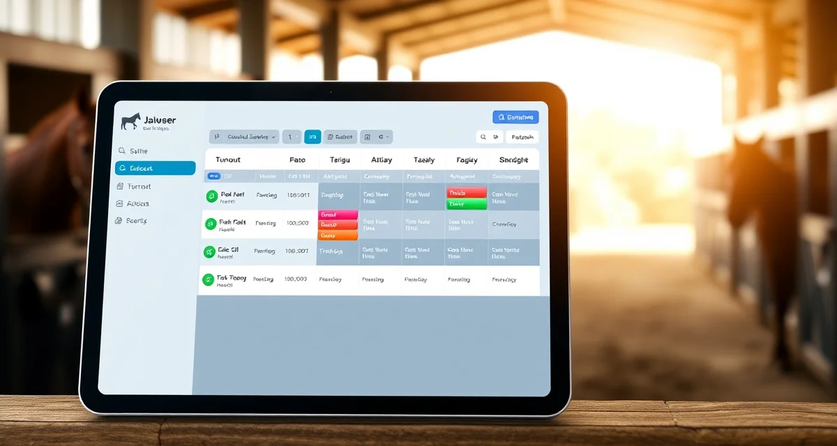Digital horse turnout tracking app displaying color-coded paddock schedules and horse assignments on tablet screen
