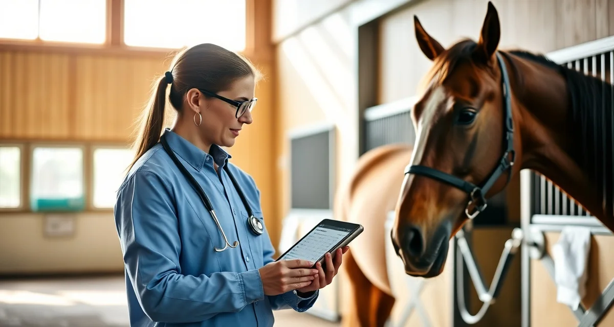 Veterinarian managing horse vet appointment scheduling on digital tablet in modern barn facility